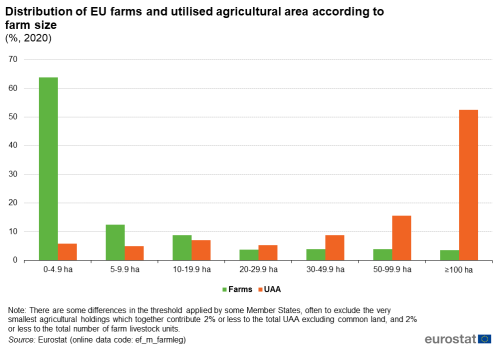Vertical bar chart showing percentage distribution of EU farms and utilised agricultural area according to farm size. Seven size ranges in hectares, each have two columns representing farms and UAA for the year 2020.