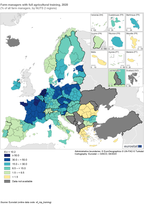 A map of Europe showing the share of farm managers in the EU with full agricultural training for the year 2020. Data are shown as a percentage of all farm managers by NUTS 2 regions.