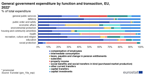 a horizontal stacked bar chart showing general government expenditure by function and transaction in the EU in 2022 as a percentage of total expenditure. There are eleven bars showing the different government expenditure functions.