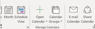 Screenshot version 2 of the home tab in the Outlook ribbon showing the available menu options, the mouse pointer is on the option called 'Open calendar'