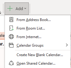 Capture d’écran du menu qui apparaît lorsque l’on clique sur «+Ajouter» dans l’onglet Calendrier d’Outlook, montrant les options disponibles. L’option 3 est «À partir d’Internet»