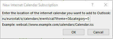 Alternativer Text: Screenshot des Outlook-Dialogfelds „Neues Internetkalenderabonnement“. Es wird der folgende Text angezeigt: „Geben Sie den Speicherort für den neuen Internetkalender ein, den Sie Outlook hinzufügen möchten:“ Eine als Beispiel dienende URL wird hinzugefügt.