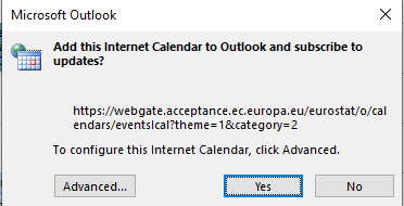Screenshot of the dialog box that appears when subscribing to an internet calendar in Outlook. It displays: Add this Internet Calendar to Outlook and subscribe to updates?