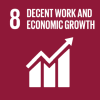 Logo for SDG 8, with the words 'decent work and economic growth' and icons representing an upward trend in financial markets.