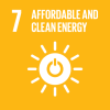 Logo for SDG 7, with the words ‘affordable and clean energy’ and icon of the sun with a power switch symbol in the middle.