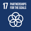 Logo for SDG 17, with the words ‘partnerships for the goals’ and five circles Venn diagram posed as flower petals.