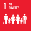 Logo for SDG 1, with the words ‘no poverty’ and icons of six people standing together in a row.