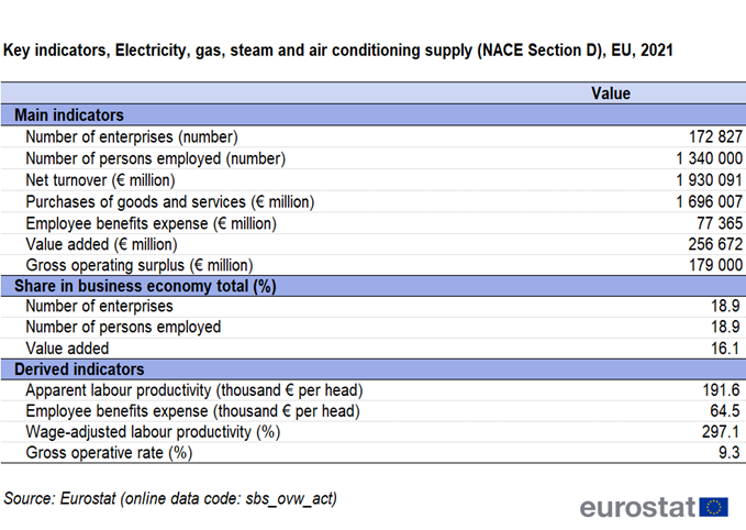 a table on the key indicators, electricity, gas, steam and air conditioning supply for NACE Section D in the EU in 2021. The columns show the values of the main indicators, the share in non- financial business economy total and derived indicators.
