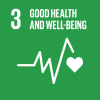 Logo for SDG 3, with the words ‘good health and well-being’ and icons representing a heartbeat.