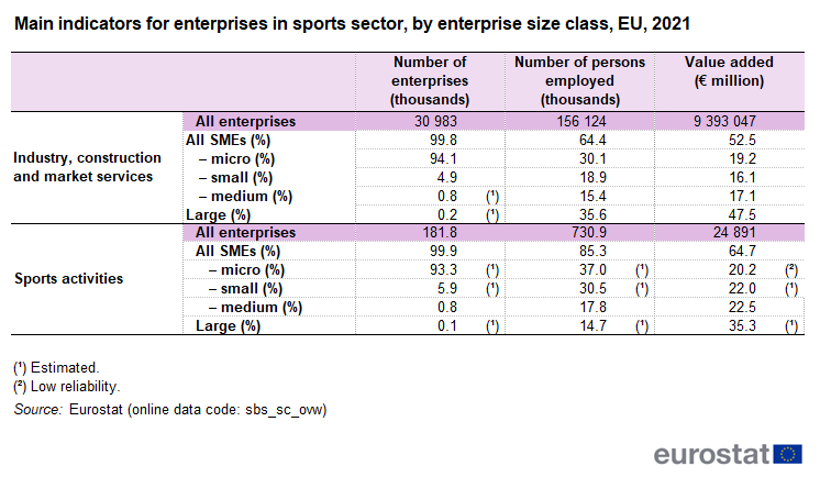 Table showing main indicators for enterprises in sports sector by enterprise size class in the EU for the year 2021.