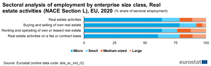 Stacked horizontal bar chart showing sectoral analysis of employment by enterprise, size class of real estate activities as percentage of sectoral employment in the EU for the year 2020. Four real estate activities each have four bars representing micro, small, medium-sized and large totalling one hundred percent.