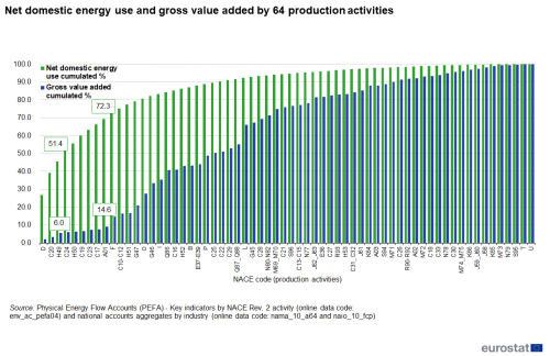 A double vertical bar chart for net domestic energy use and gross value added by 64 production activities for NACE in the European Union in 2021.