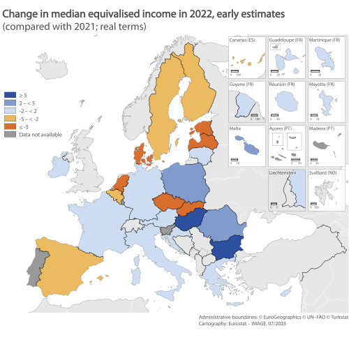 Map showing change in median equivalised income in 2022 compared with 2021 as early estimates in real terms in the EU. Each country is classified within a certain range.