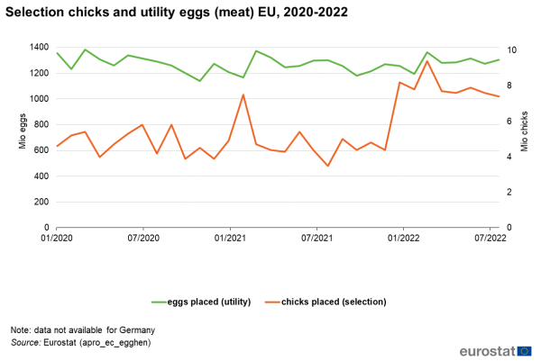 a line chart with three lines showing the selection chicks and utility eggs (meat) in the EU from 2020 to 2022, the lines show eggs place and chicks placed.
