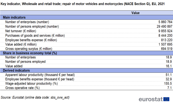 Table showing key indicators for wholesale and retail trade repair of motor vehicles and motorcycles in the EU for the year 2021.