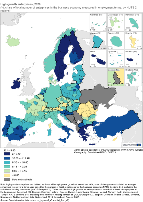 Map showing high-growth enterprises as percentage share of total number of enterprises in the business economy measured in employment terms by NUTS 2 regions in the EU and surrounding countries. Each region is colour-coded based on a range for the year 2020.