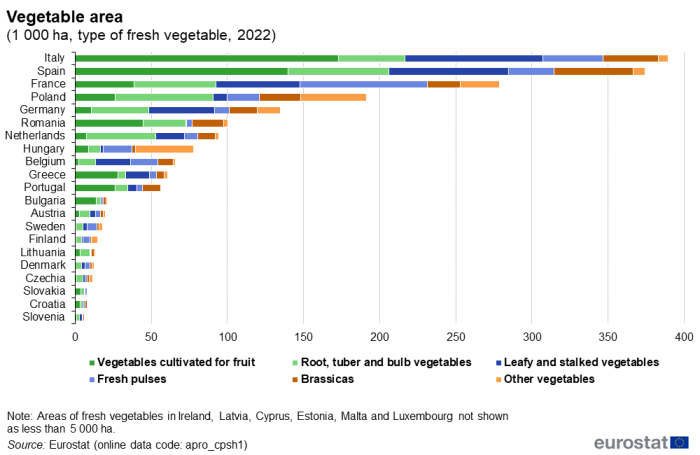 Horizontal queued bar chart showing vegetable area as 1 000 hectares by type of vegetable in individual EU Member States. Each country has six queues representing vegetables cultivated for fruit; root, tuber and bulb vegetables; leafy and stalked vegetables; fresh pulses; brassicas and other vegetables for the year 2022.