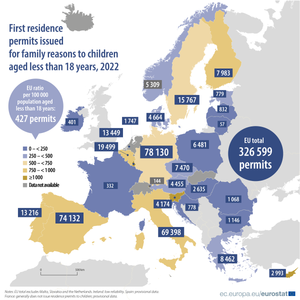 Map showing number of first residence permits issued for family reasons to children aged less than 18 years in the EU and surrounding countries. Each country is classified based on a range of issued permits for the year 2022.