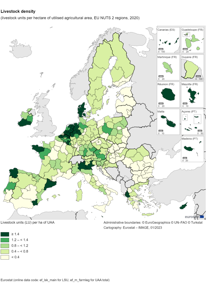 a map showing the Livestock density, using livestock units per hectare of utilised agricultural area in the EU NUTS 2 regions in 2020.