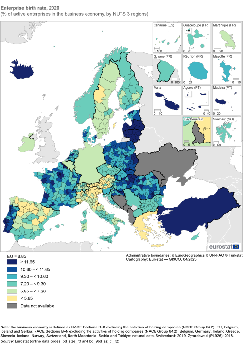 Map showing enterprise birth rate as percentage of active enterprises in the business economy by NUTS 2 regions in the EU and surrounding countries. Each region is colour-coded based on a percentage range for the year 2020.