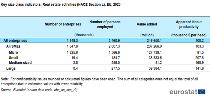 Table showing key size class indicators of real estate activities in the EU for the year 2020.