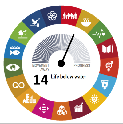 Goal-level assessment of SDG 14 on “Life below water” showing the EU has made moderate progress during the most recent five-year period of available data.