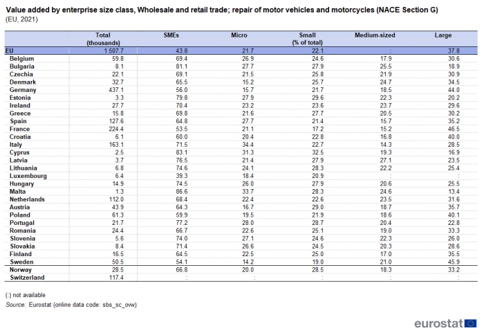Table showing value added by enterprise size class, wholesale and retail trade; repair of motor vehicles and motorcycles in the EU, individual Member States, Iceland, Norway and Switzerland for the year 2021.