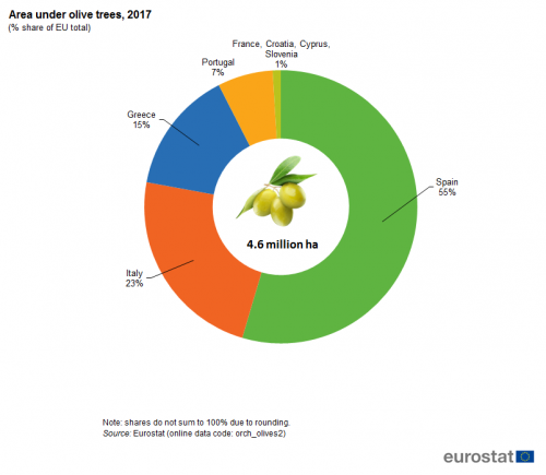 a donut chart showing the area under olive trees in 2017, in Spain, Italy, Greece, Portugal, France, Croatia/Slovenia, Cyprus.