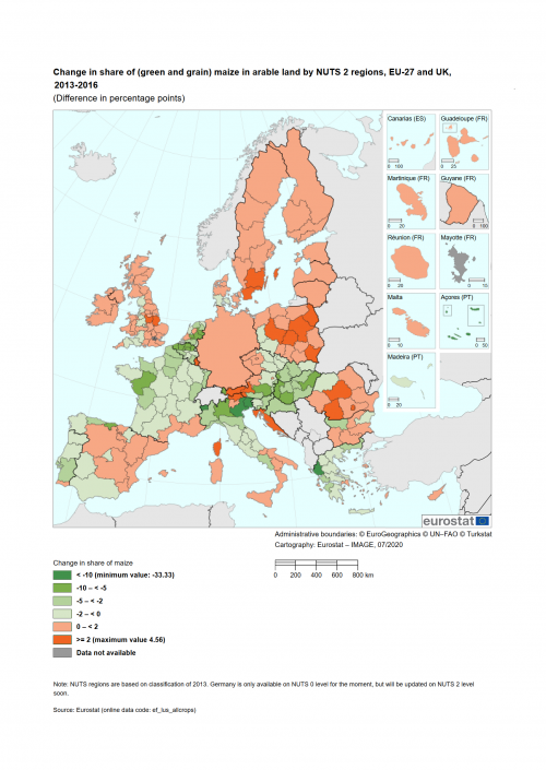 a map showing the change in share of green and grain maize in arable land by NUTS 2 regions in the EU-27 and the UK from the year 2013 until the year 2016.