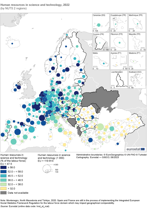 Bubble map showing human resources in science and technology by NUTS 2 regions in the EU and surrounding countries. Each region has a bubble which is classified based on a percentage range of the labour force and sized per 1 000 persons for the year 2022.