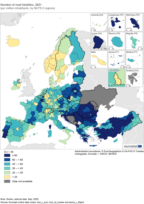 Map showing number of road fatalities per million inhabitants by NUTS 2 regions in the EU and surrounding countries. Each region is classified based on a range of inhabitants for the year 2021.
