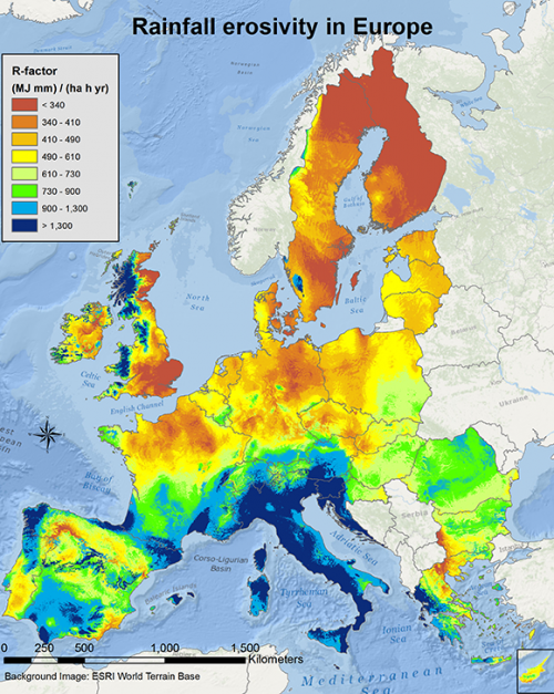 a map showing the rainfall erosivity in Europe, expressed as the R-factor.