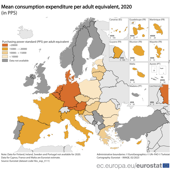 Map showing the mean consumption expenditure per adult equivalent in Purchasing power standard (PPS) for the year 2020 for the EU Member States. Each country is colour-coded based on four categories of PPS, the lowest being less than 10 000 PPS and the highest being greater than 20 000 PPS.