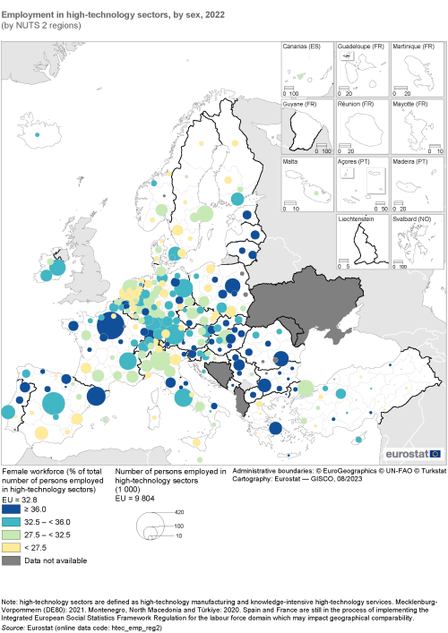 Bubble map showing employment in high technology sectors by sex by NUTS 2 regions in the EU and surrounding countries. Each region has a bubble which is classified based on a range of the female workforce as a percentage of total number of persons employed in high technology sectors and sized per 1 000 persons for the year 2022.