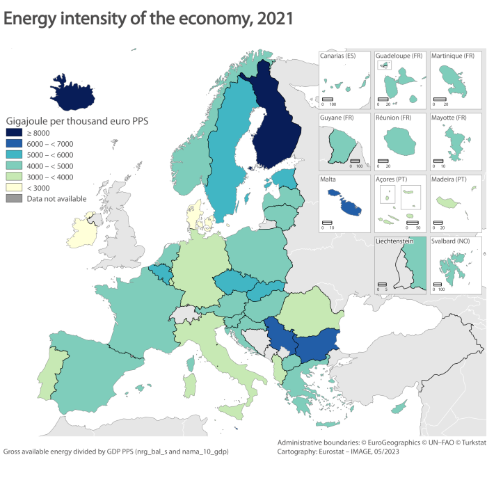 Map showing energy intensity of the economy in the EU ad surrounding countries for the year 2021. Each country is colour-coded within a range of gigajoules per euro thousand PPS.