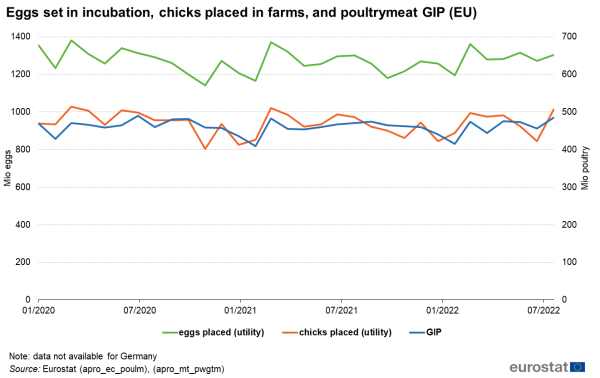a line chart with three lines showing eggs set in incubation, chicks placed in farms, and poultry meat in the EU, the lines show, eggs placed, chicks placed, GIP.