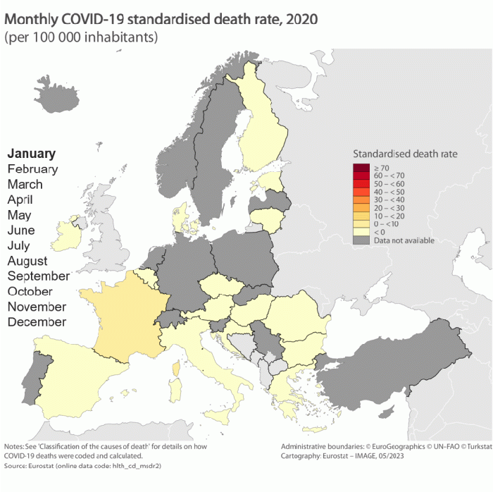Map of Europe showing the standardised death rate for COVID-19 over 12 months in 2020, for 21 EU Member States.