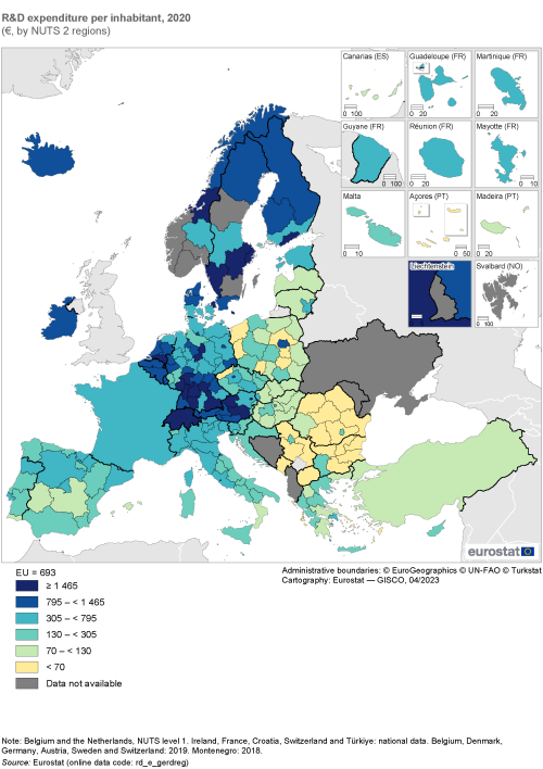 Map showing R&D expenditure per inhabitant in euros by NUTS 2 regions in the EU and surrounding countries. Each region is classified based on a range of euros for the year 2020.