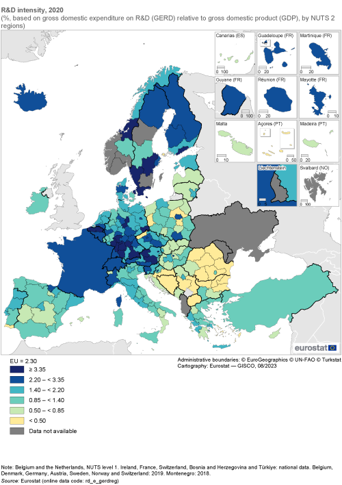 Map showing R&D intensity as percentage based on gross domestic expenditure on R&D (GERD) relative to gross domestic product by NUTS 2 regions in the EU and surrounding countries. Each region is classified based on a percentage range for the year 2020.