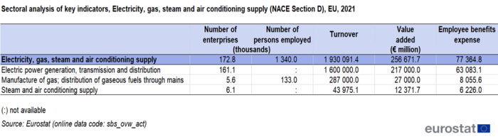a table on the sectoral analysis of key indicators, electricity, gas, steam and air conditioning supply for NACE Section D in the EU in 2021. The columns show, number of enterprises, number of persons employed, turn over, value added and personnel costs.
