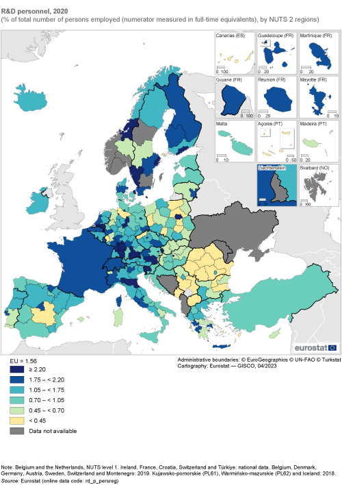 Map showing R&D personnel as percentage of total number of persons employed (numerator measured in full-time equivalents) by NUTS 2 regions in the EU and surrounding countries. Each region is classified based on a percentage range for the year 2020.