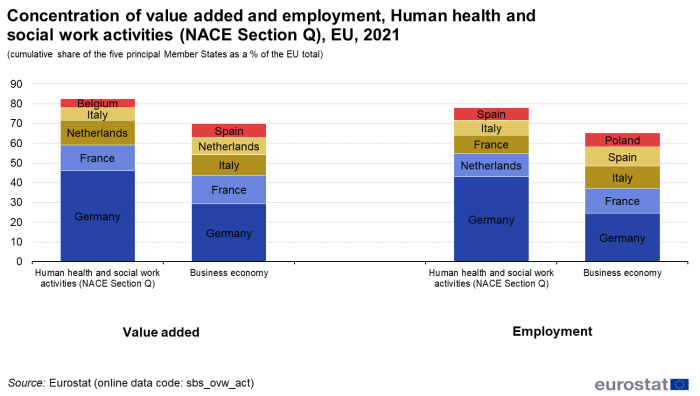 Stacked vertical bar chart showing concentration of value added and employment in Human health and social work activities based on the cumulative share of the five principal Member States as a percentage of the EU total for the year 2021. Four columns represent value added in Human health and social work activities, value added in business economy, employment in health and social work and employment in business economy. Each column contains five named country stacks.