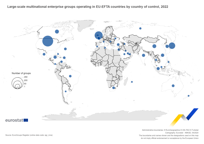 A map chart showing the number of large-scale multinational enterprise groups by country of control for the year 2022.