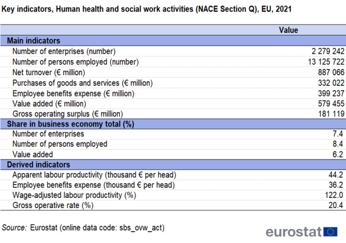 Table showing the value of key indicators in health and social work in the EU for the year 2021.