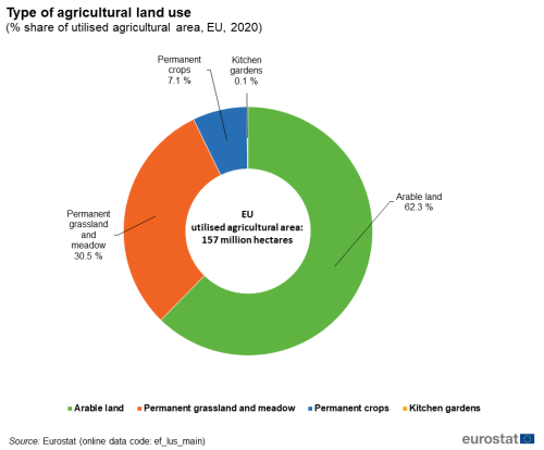a donut chart showing the type of agricultural land use as a percentage share of utilised agricultural area in the EU in the year 2020, the segments show permanent crops, kitchen gardens, arable land, permeant grassland and meadow.