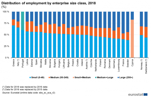 A stacked bar chart showing the distribution of employment in the EU by enterprise size class for the year 2018. Data are shown in percentages for the EU Member STates and some of the EFTA countries.