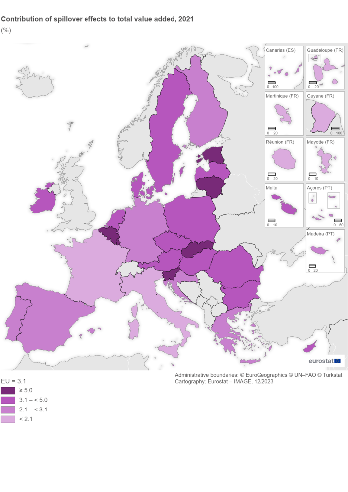 A map showing the contribution of spillover effects to total value added. Data are shown in percentages, for 2021, for the EU and the EU Member States.