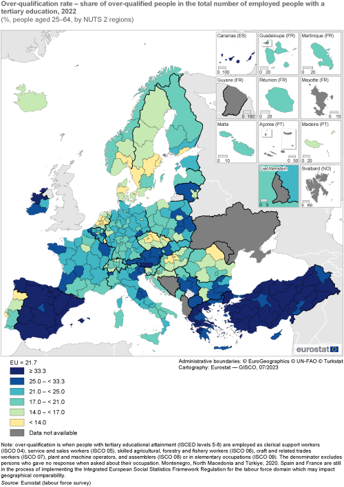Map showing over-qualification which is the share of over-qualified people in the total number of employed people with a tertiary education as percentage of people aged 25 to 64 years by NUTS 2 regions in the EU and surrounding countries. Each region is colour-coded based on a percentage range for the year 2022.