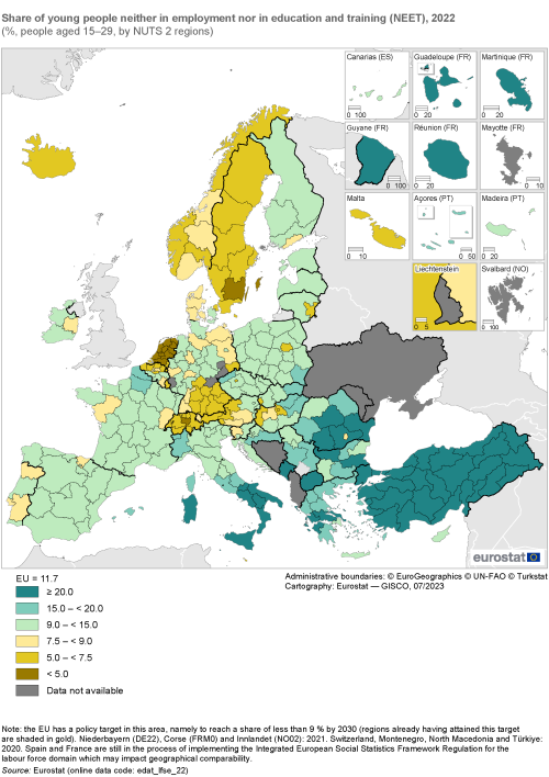 Map showing share of young people neither in employment nor in education and training as percentage of people aged 15 to 29 years by NUTS 2 regions in the EU and surrounding countries. Each region is colour-coded based on a percentage range for the year 2022.