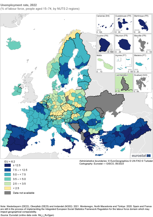 Map showing unemployment rate as percentage of labour force people aged 15 to 74 years by NUTS 2 regions in the EU and surrounding countries. Each region is colour-coded based on a percentage range for the year 2022.